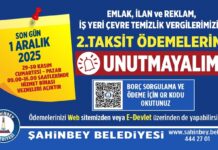 Şahinbey Belediyesi’nden vergi uyarısı: Son gün 1 Aralık Pazartesi