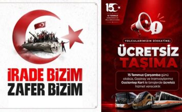 15 Temmuz’da Gaziantep Büyükşehir’in ulaşım hizmetleri ücretsiz olacak